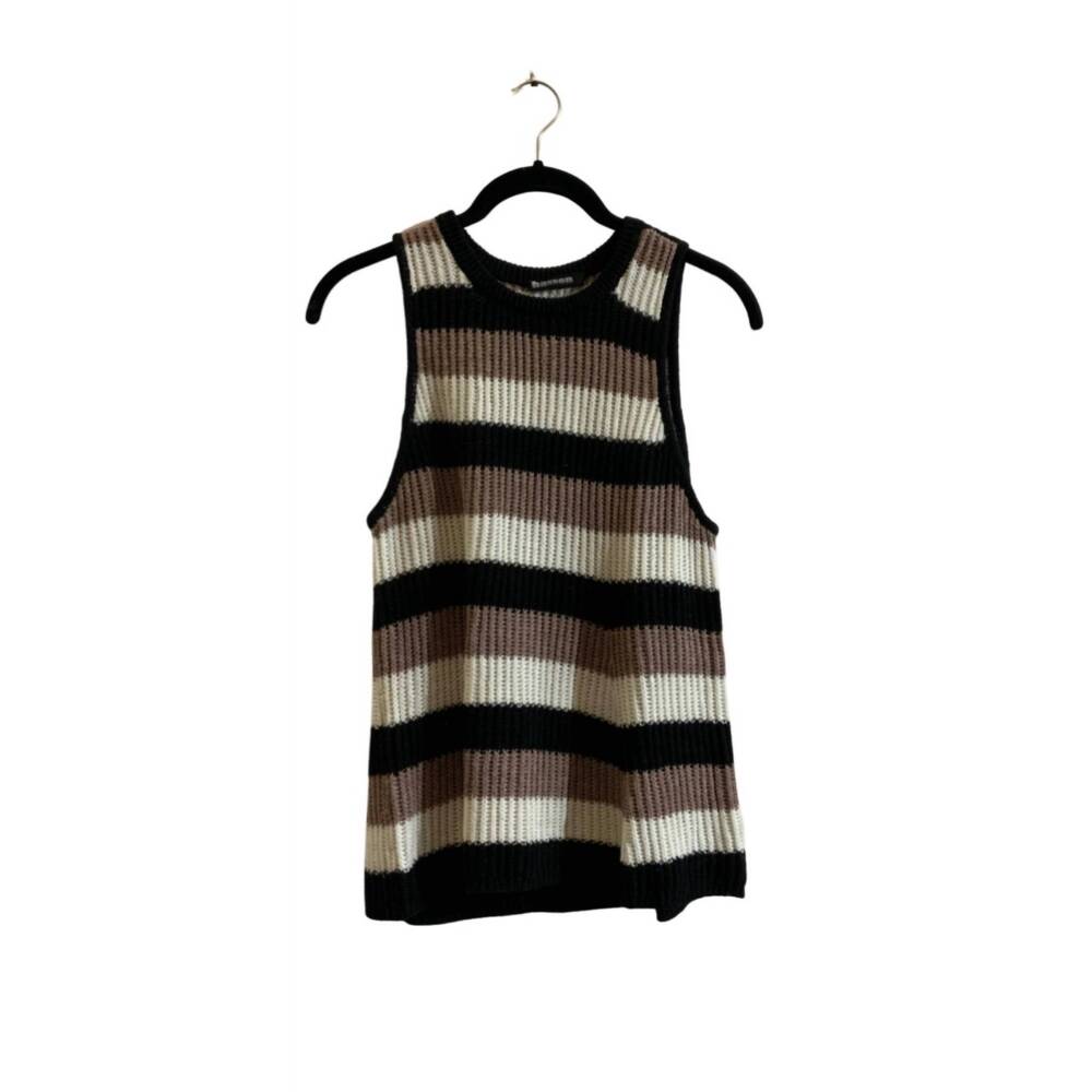 NEW HASSON women's stripped crew flare tank top in black/white/sand
